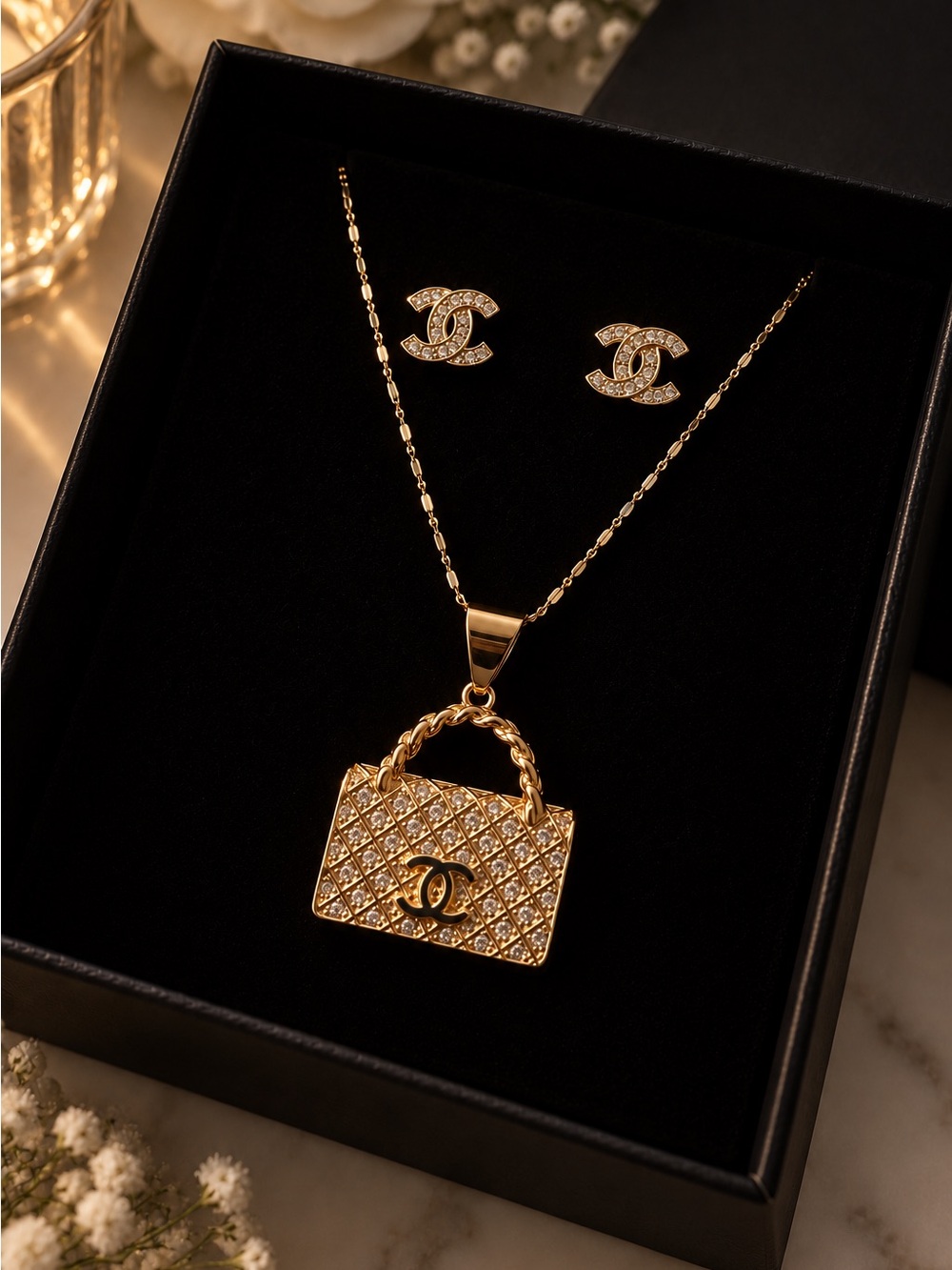 Gold filled 18k Crystal Handbag Pendant Necklace and Stud Earrings Set